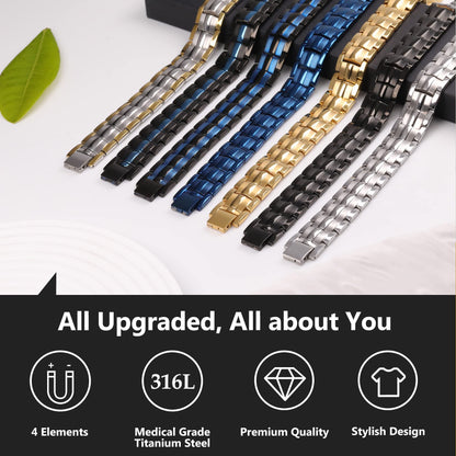 Feraco Mens Magnetic Therapy Bracelets Titanium Steel Bracelet with Double Row 4 Elements Magnets (Gold)