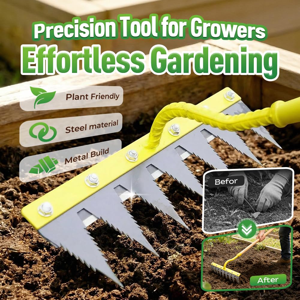 Iron Weeding Rake 2.0, Heavy Duty Garden Hand Weeder Rake, 4/5/6/7 Teeth Weeder Tool for Yard Lawn Garden, Manual Weed Puller Gardening Weeding Tool (5 Teeth)