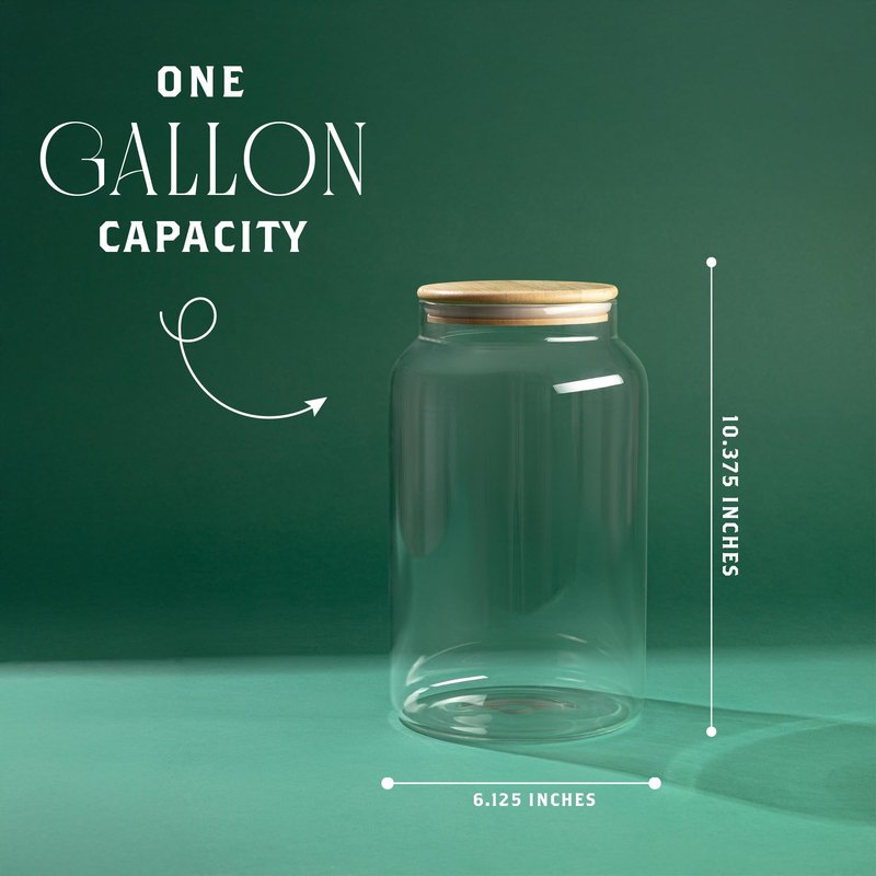1 Gallon Glass Large Jar with Airtight Bamboo Lid - Strong Clear Borosilicate Canister for Kitchen Food Storage Organizing, Terrarium, Pantry Decorative Container & Laundry Room - Pack of 1