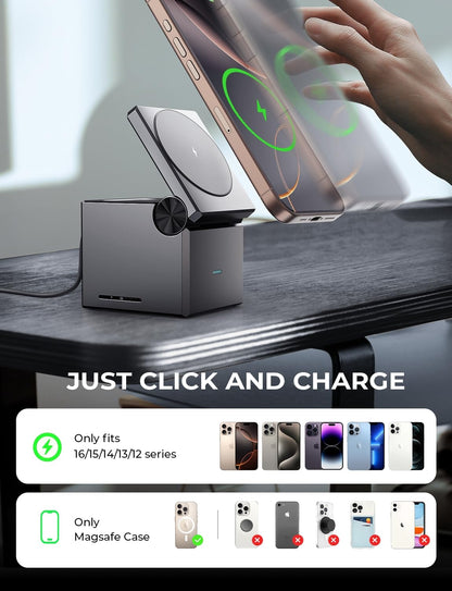 LISEN 3 in 1 Charging Station for Apple, iPhone Charging Cube Station Wireless for Magsafe Charger Stand Cube, Foldable for iPhone 17 16 16e 15 14 13 and Watch Gray