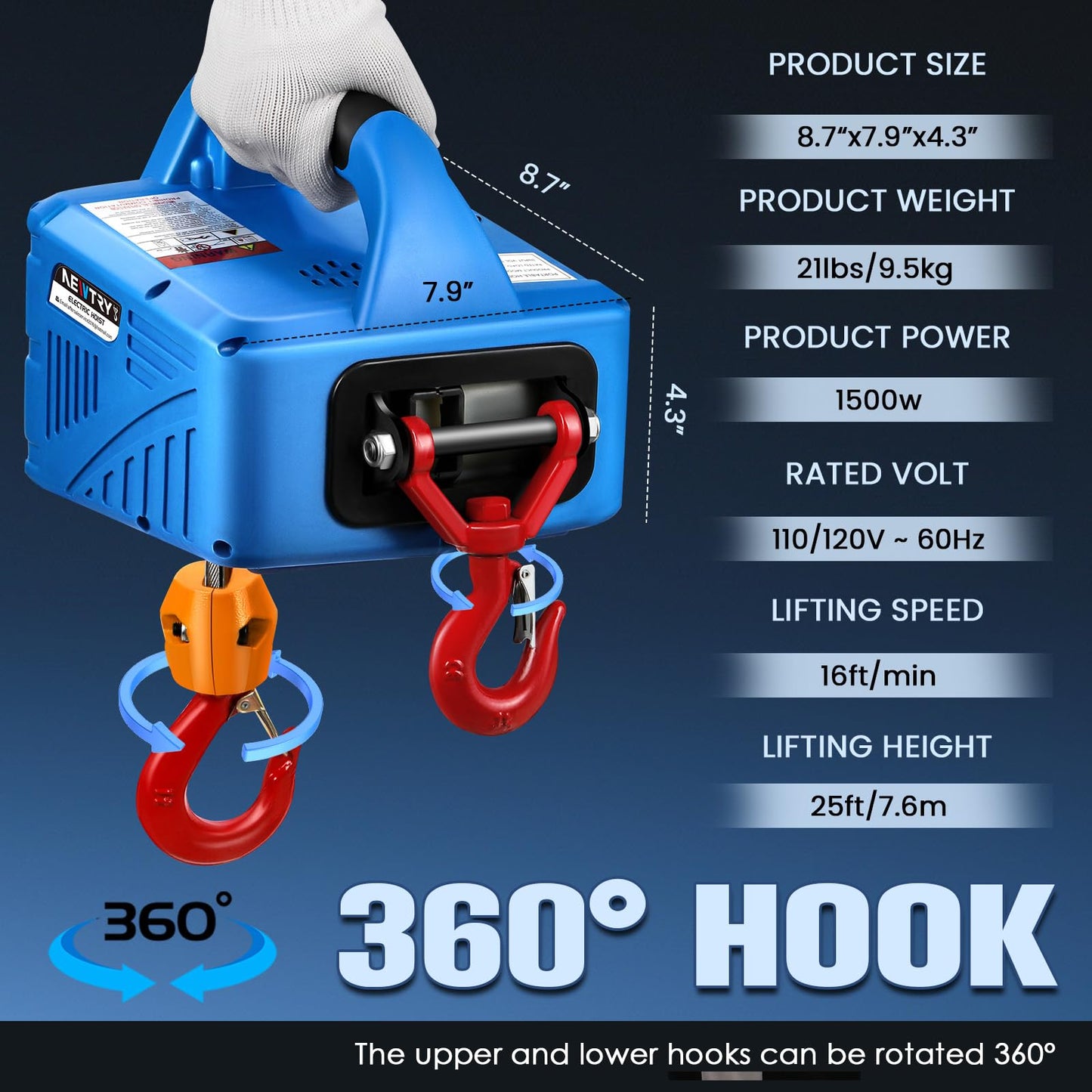 NEWTRY 1100lbs Electric Hoist Winch with Wireless Remote Control 110/120 Volt Portable Power Electric Hoist 16ft/min