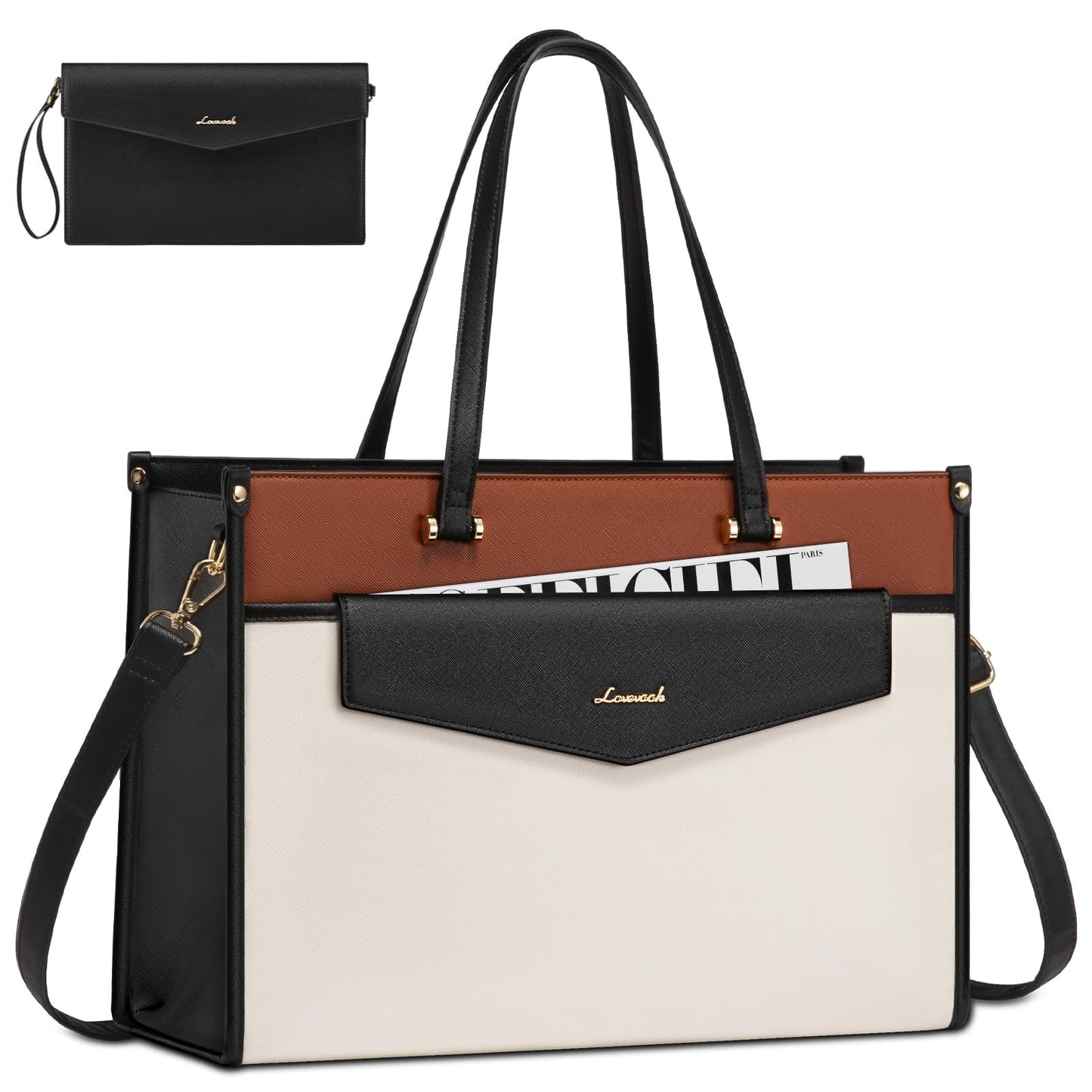 LOVEVOOK Laptop Bag for Women, 15.6'' Laptop Tote Purse 2-in-1 Professional Work Bag Business Briefcase with Clutch Purse, Waterproof Leather Computer Handbag for Teacher Office Travel