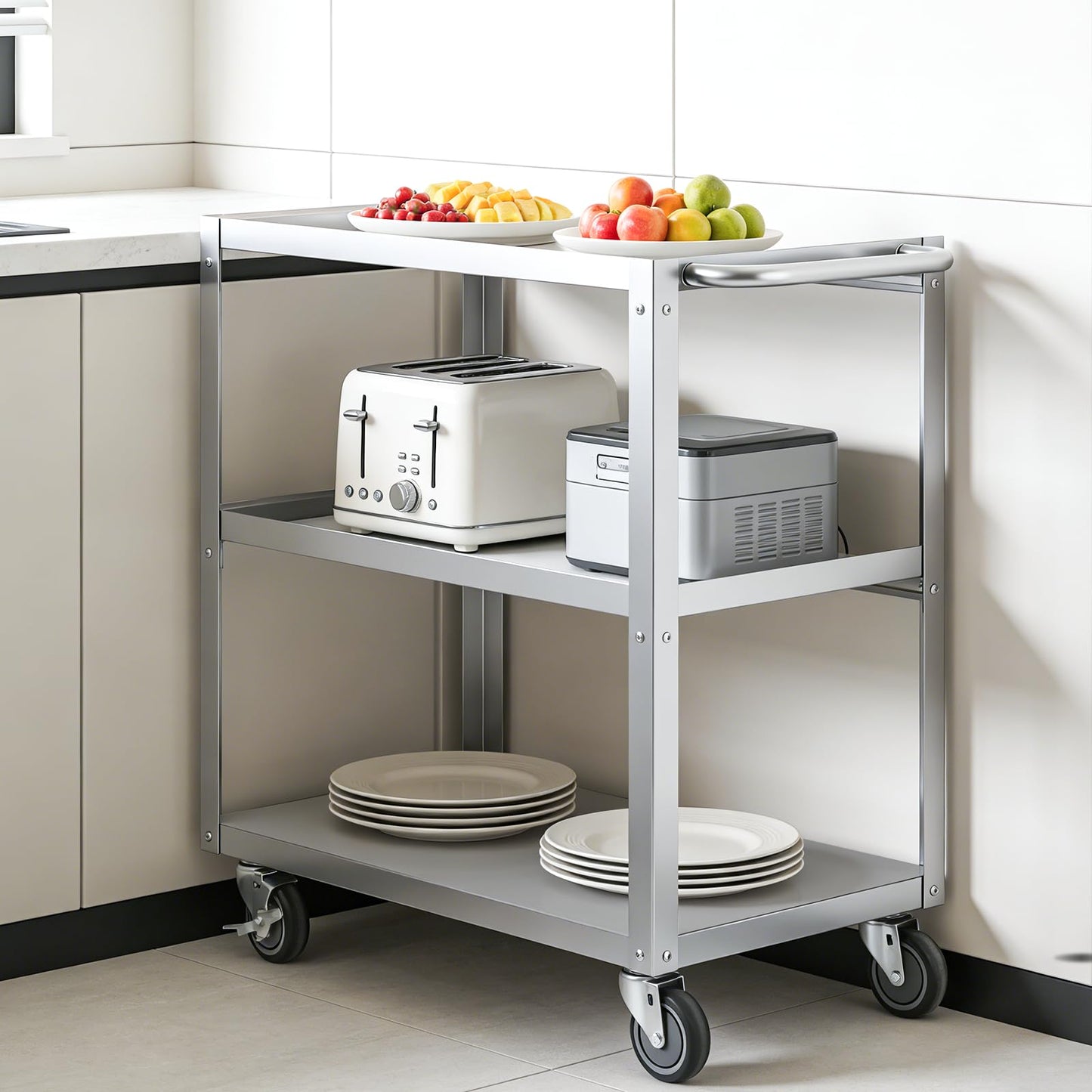 Hally Stainless Steel Utility Cart 3 Tier NSF Commercial Heavy Duty Metal Mobile Food Rolling Cart with Handle and Wheels for Kitchen, Restaurant, Hospital, Laboratory and Home, 31" L x 19" W x 34" H