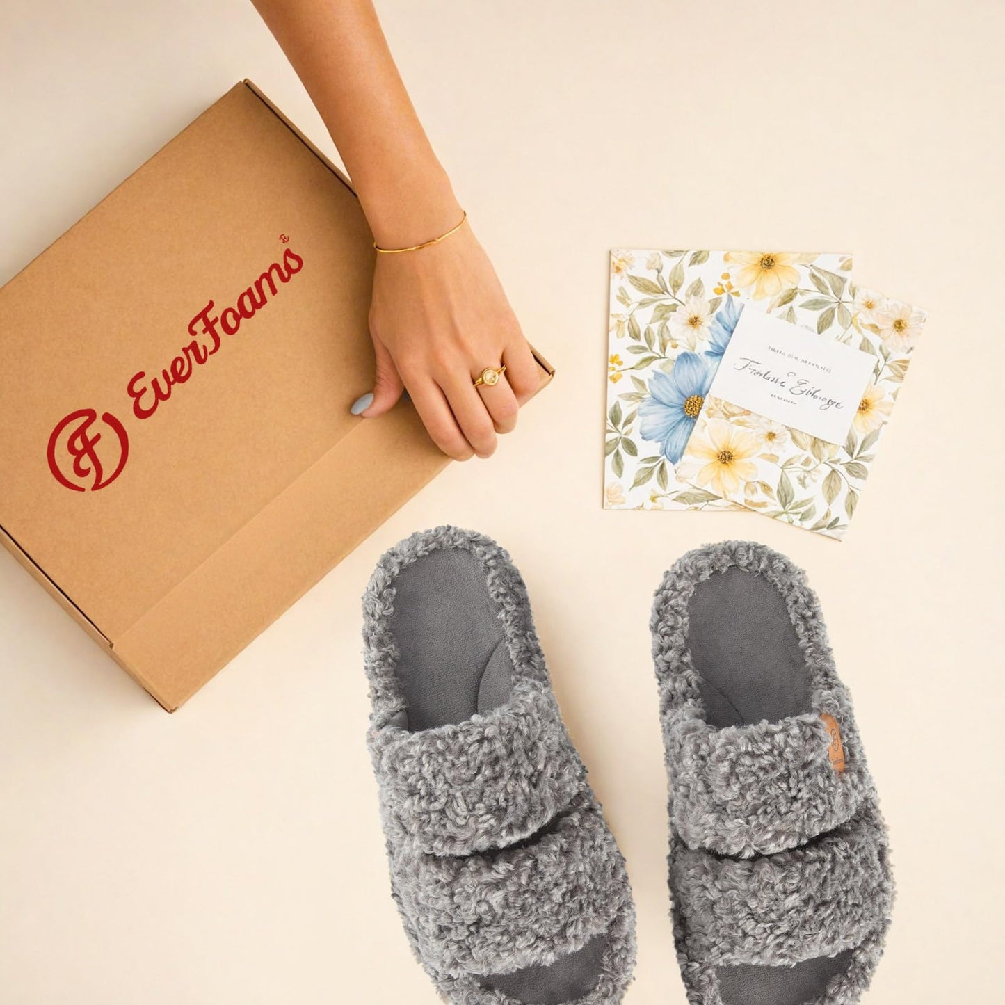 EverFoams Womens Fuzzy Open-toe Slippers Soft Comfy Memory Foam Indoor House Shoes Cool Gray,5-6 US