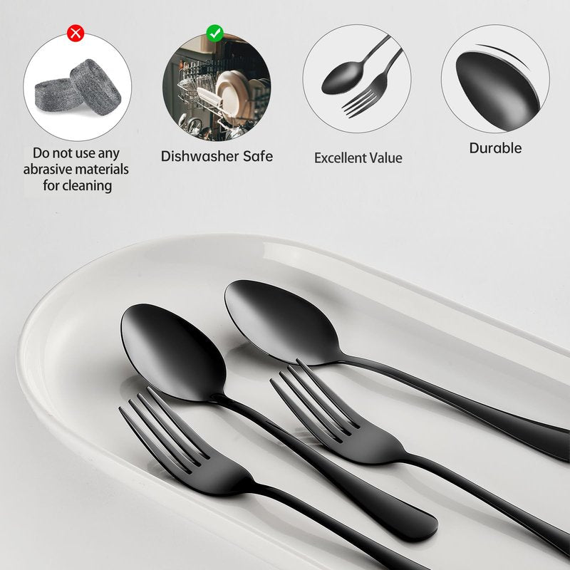 Spoons and forks set black silverware 36pcs black forks and spoons set Durable Dishwasher Safe Food-Grade stainless steel utensil set