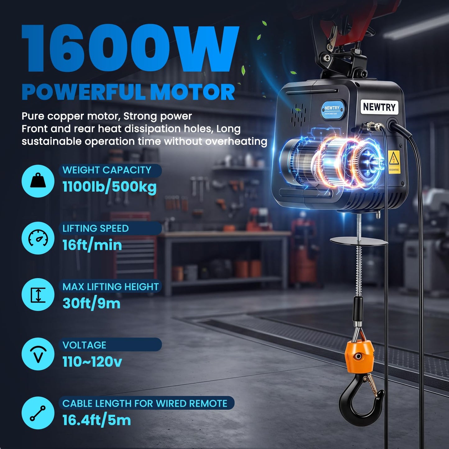 NEWTRY Electric Hoist PRO with Single/Double Hook, 1100lb Electric Winch 110v 120v, 2 Wireless Remote Control & Cable Remote Control for Garage, Warehouse, Factory