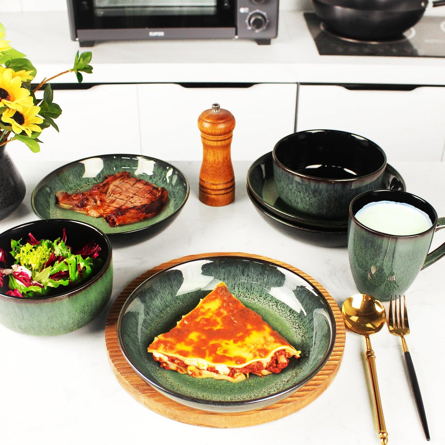 jinsongdafa Dinnerware Sets(12Pcs) Serves for 4, Reactive Glaze Plates and Bowls Set with 7.9"Small plates,8.3"Salad Plates,5.5"bowls, Modern kitchen tableware, Microwave safe, Set No.7