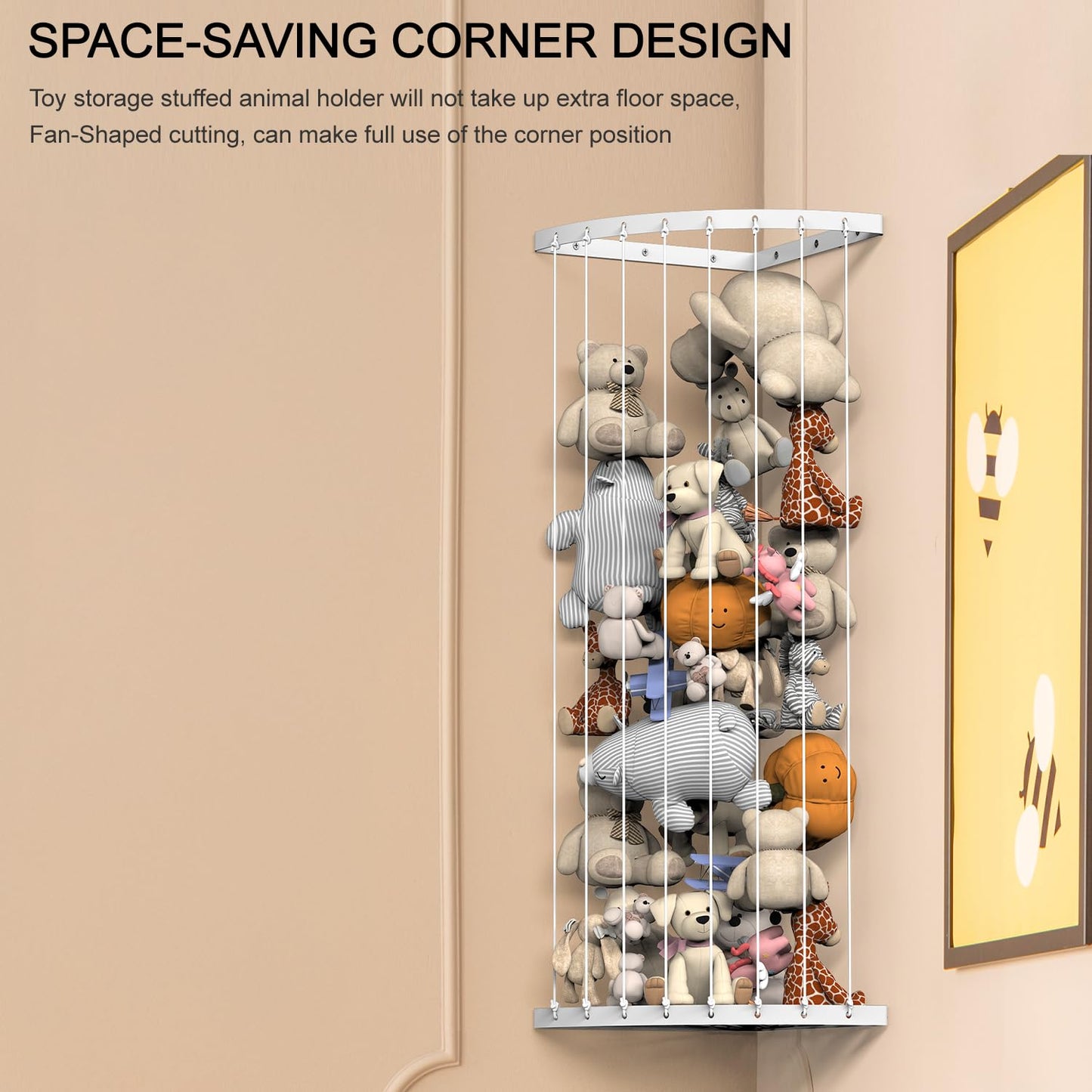 Ebeneze Corner Stuffed Animal Storage Organizer, Toy Stuffed Animals Hammock Net Adjustable Length, Spave Save for Hanging Wall Plush Toy Holder, Toy Storage Shelf for Playroom Bedroom, White