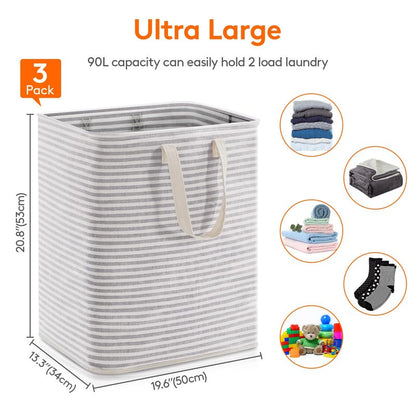 Lifewit 3 Pack Laundry Basket 90L Each, Collapsible Clothes Hamper with Reinforced Handles, Freestanding Waterproof Design for Bedroom and Laundry Room, Grey 270L Total