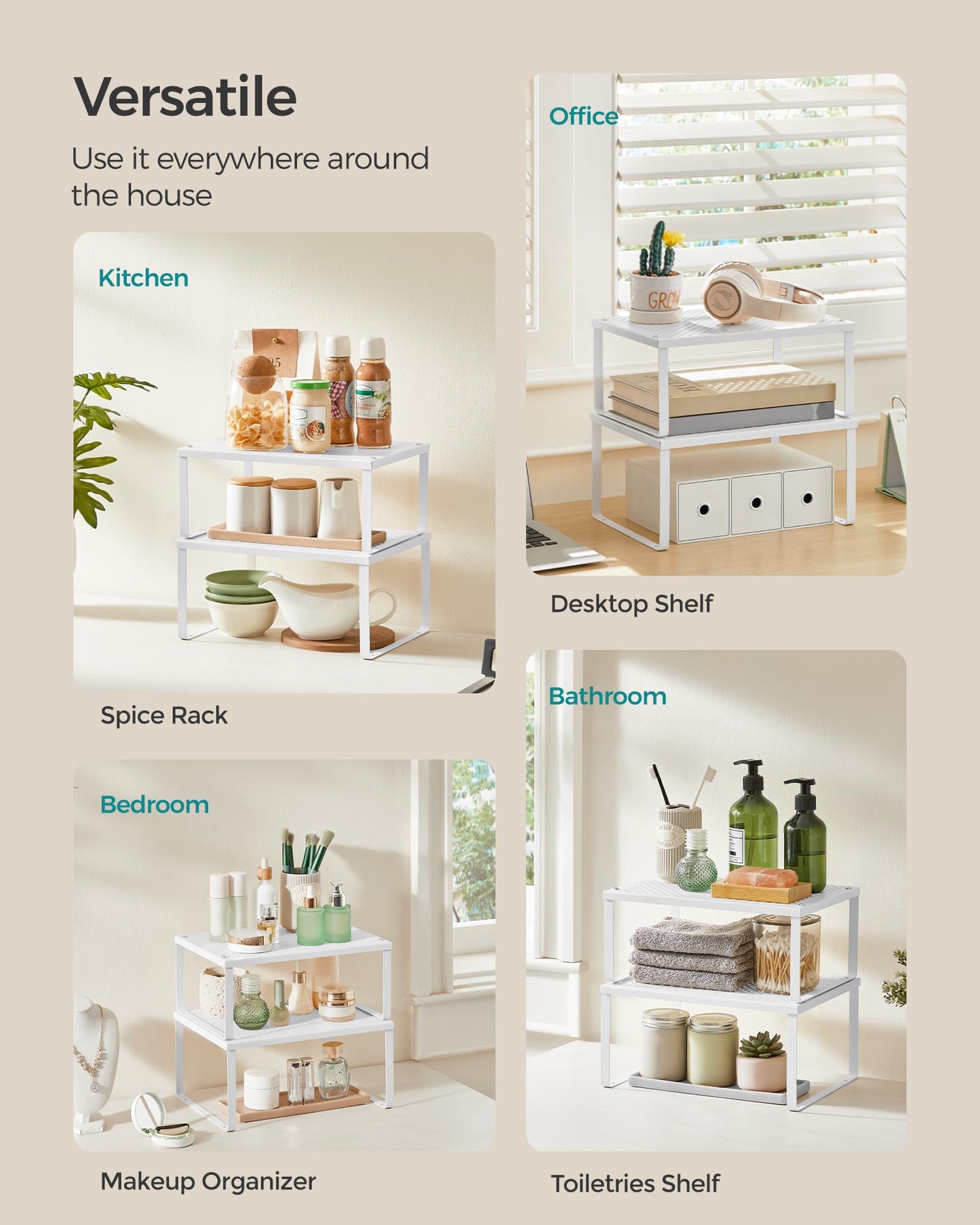 SONGMICS Spice Racks, Set of 2 Metal Cabinet Shelf Organizers, Countertop Organizers, Shelf Risers, Stackable, Expandable, Silver UKCS01SV