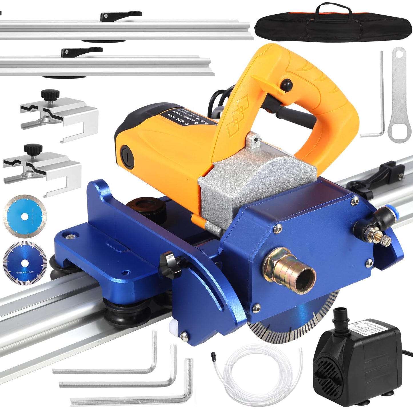 Electric Orbital Tile Cutter, 2300W Angle Grinder 8000RPM, 71" Cutting Length, Wet & Dry Blades, Bevel & Chamfer, Dual 1.05m Tracks with Suction Cups & Clamps, Water Pump & Tool Bag