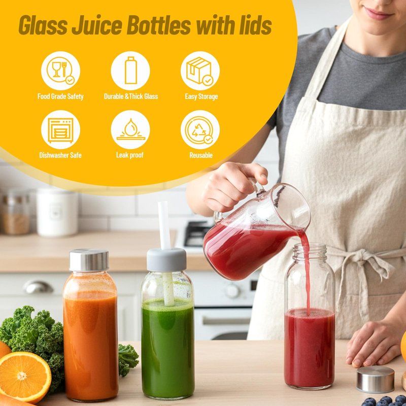 Luxfuel Glass Juice Bottles with Lids 10oz, 8 Pack Reusable Glass Water Bottle with Stainless Steel Caps & Straws, Leak Proof, BPA-Free – Small Juice Bottles for Juicing, Smoothies & Fridge Storage