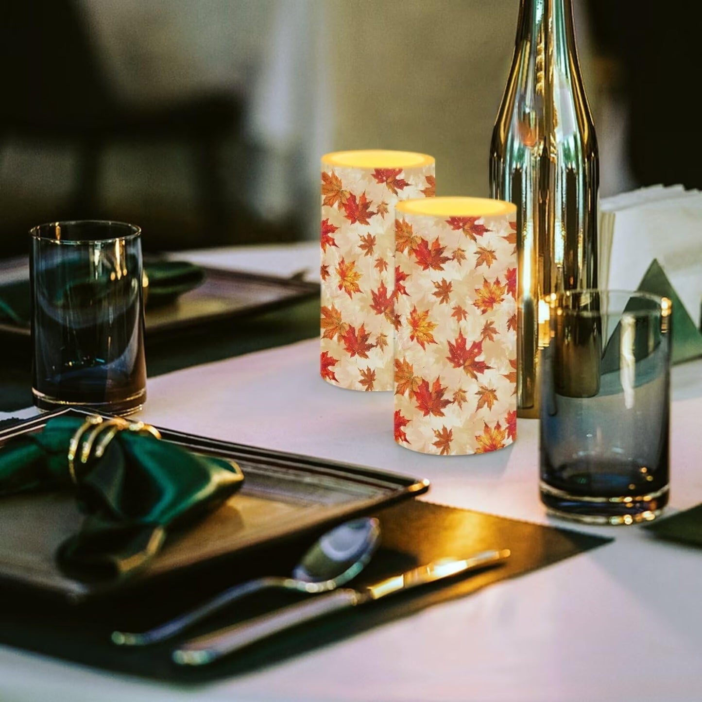 Luarisgur Maple Leaf Decorative Fall Candles for Home Decor Flameless Candles with Remote and Timer LED Candles Flickering Battery Operated Fake Candle for Thanksgiving Holiday Party Room Table Decor