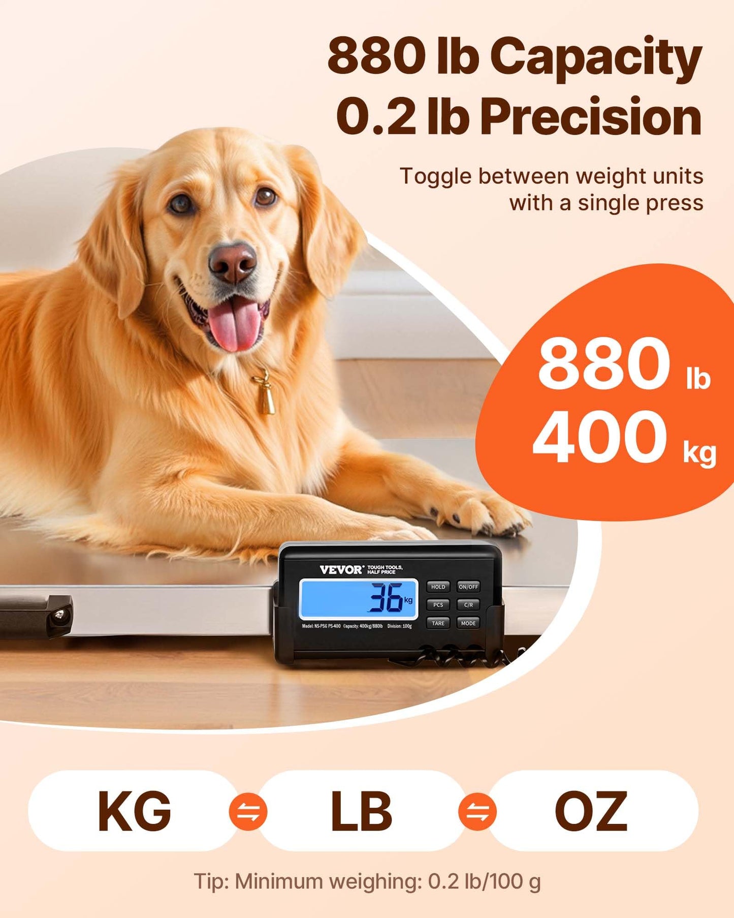 VEVOR 880Lbs x 0.2Lbs Livestock Scale Shipping Scales Large Platform 40.6x20.9Inch Stainless Steel Vet Scale Industrial Floor Scale Large Animal Dog Pig Scale Goat Weight Scale Pet Digital Scale