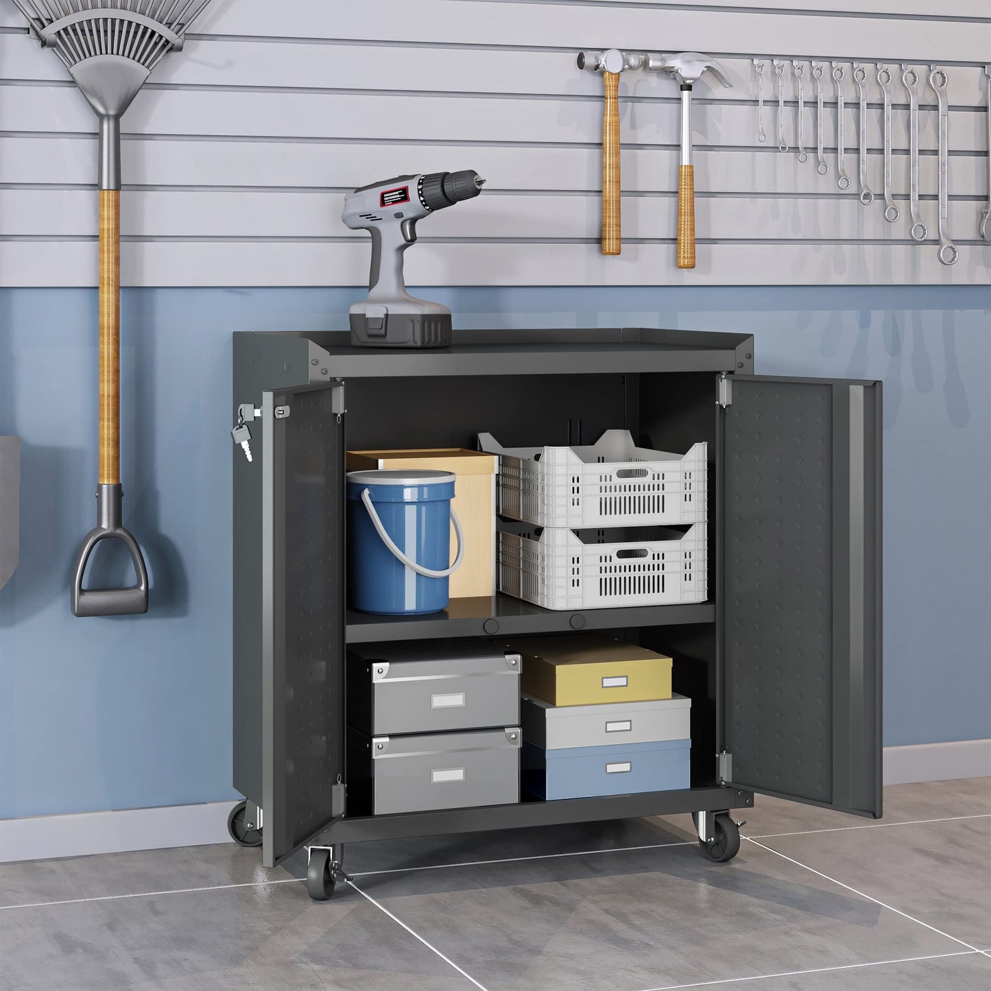 Manhattan Comfort Fortress Rolling Garage Storage Cabinet with 2 Adjustable Shelves, Lockable Metal Tool Compartment, Heavy-Duty Mobile Utility Organizer with Wheels, Charcoal Gray