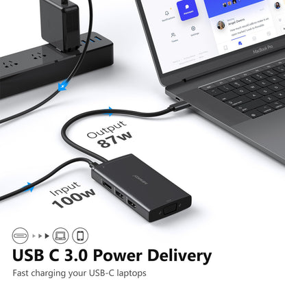 USB C Docking Station Dual Monitor for Dell/HP/Lenovo/Surface Laptop, 14 in 1 Triple Display Hub Multiple Adapter, Dongle with 2 HDMI 4K+VGA+5 Port+100W PD Charger+Ethernet+SD/TF+Audio