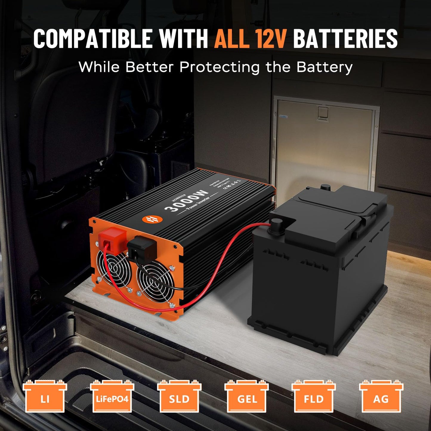 3000 Watt Power Inverter 12V DC to 110V/120V AC Converter Peak Power 6000W Car Inverter with LCD Display 3 AC Outlets, 2 USB & Type-C Port for RV,Truck,Off-Grid Solar System with Remote Controller