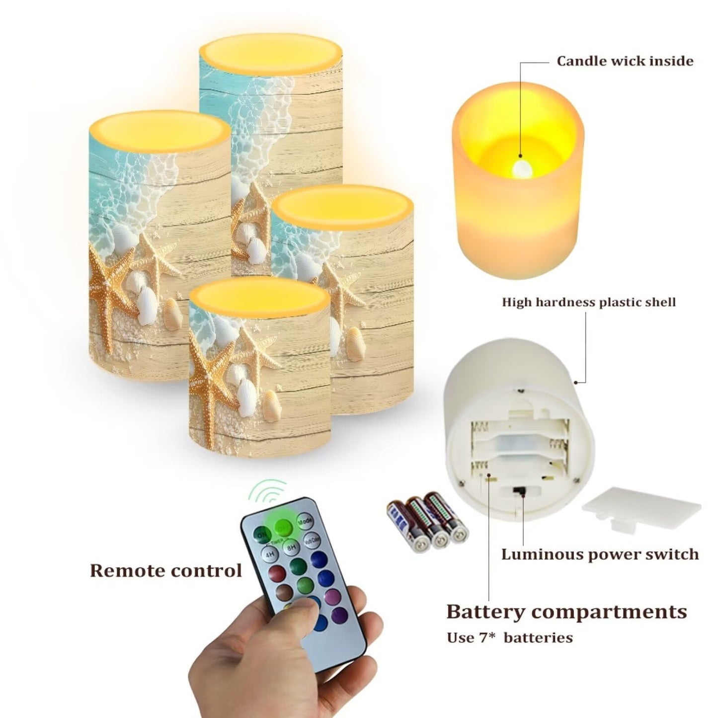 Merkmak 4 Pack Flickering Flamless Candles with Remote Battery Operated Elictric LED Pillar Candles with Timer for Outdoor Beach Wedding Coastal Home Decorations, Ocean Starfish