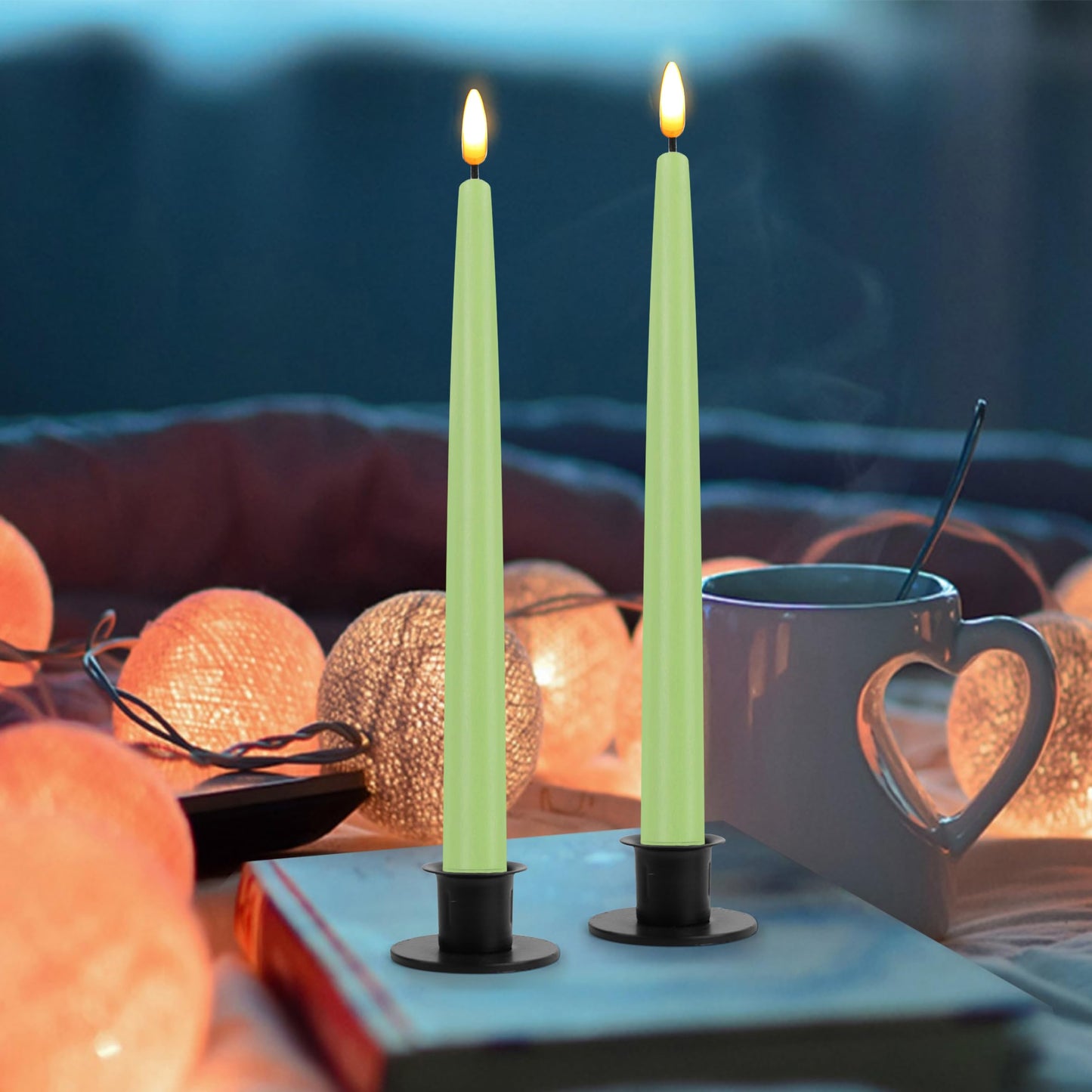 CVHOMEDECO. Flameless Taper Candles with 10-Key Remote, Battery Operated Led Flickering 3D Wick Window Candles Real Wax Finished Home Christmas Party Decor 0.78 x 11 Inch, Pack of 2, Light Green