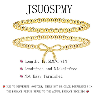 Jsuospmy Gold Beaded Bracelets for Women 14K Gold Bow Bracelet Handmade Stackable Bracelets for Women Trendy Non Tarnish Bracelet Jewelry Gift for Womens 2Pcs (02.Bow+Beaded (Gold))