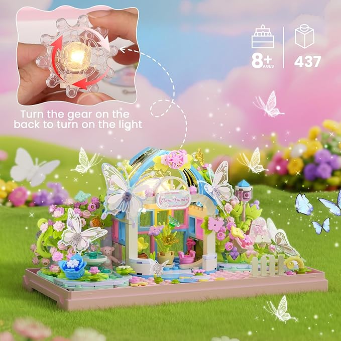 Flowers Butterfly House Building Set with LED 437PCS Botanicals Butterfly and Flowers Garden Building Blocks ToyBirthday Gifts for Girls Age 8-10