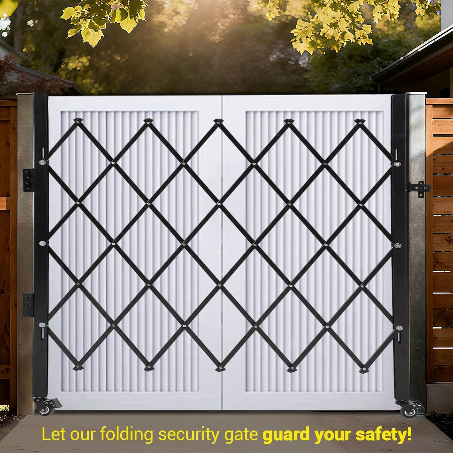 GarveeTech Double Folding Security Gate, 63" H x 122" W Lockable Scissor Gate with 360° Swivel Casters, Heavy-Duty Steel Outdoor Barricade Retractable Gates for Courtyards, Garages, Gardens, Pool