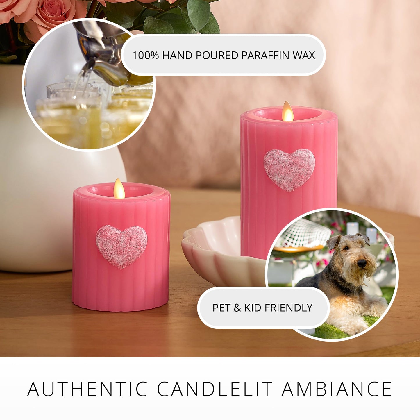 Luminara Flickering Flameless 3.7" x 4.5" Pillar Candle, Battery Operated Remote Ready (Sold Separately) & Timer Function, LED Light, Ribbed Real Pink Wax w/Embossed Heart Design for Valentine's Day