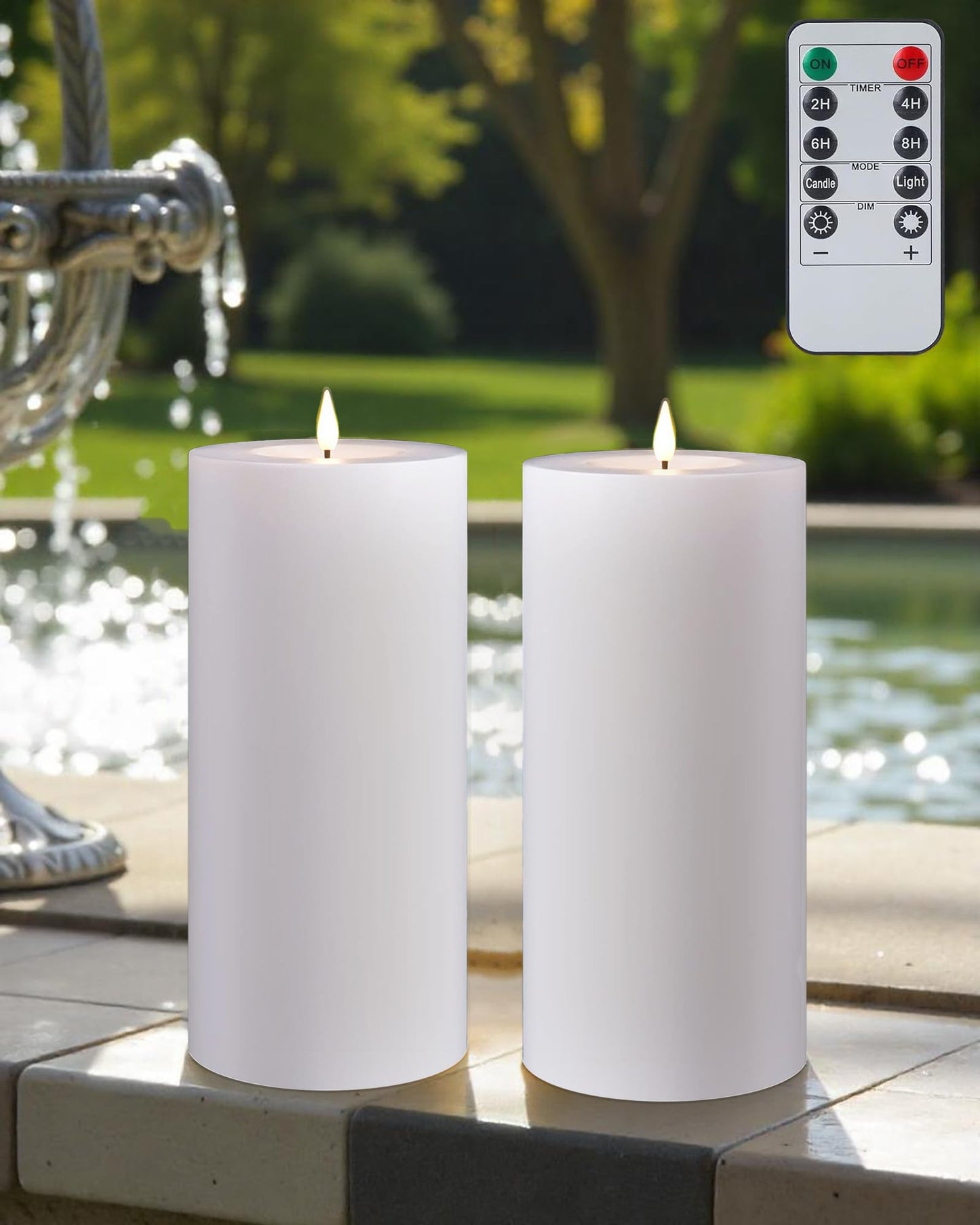 Gmnee 4"x8" Outdoor Waterproof Flameless Candles with Remote and Timers, LED Candles, Battery Operated Candles, Electric Fake Pillar Candles for Patio, Porch, and Lanterns Decor (White, Plastic)