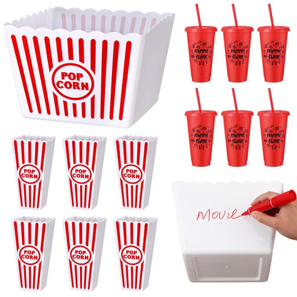 Reallnaive 15 Pcs Movie Night Popcorn Organizer Set Family Red & White Striped Plastic Popcorn Container Reusable Drinking Cup for Holiday Parties, Family Gatherings & Home Theater