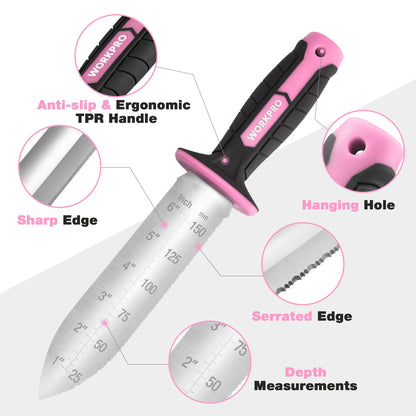 WORKPRO Hori Hori Garden Knife, 7" Stainless Steel Blade with Cutting Edge, Garden Tools with Oxford Sheath, Ergonomic TRP Handle with Hanging Hole for Weeding, Planting, Digging, Pink Ribbon