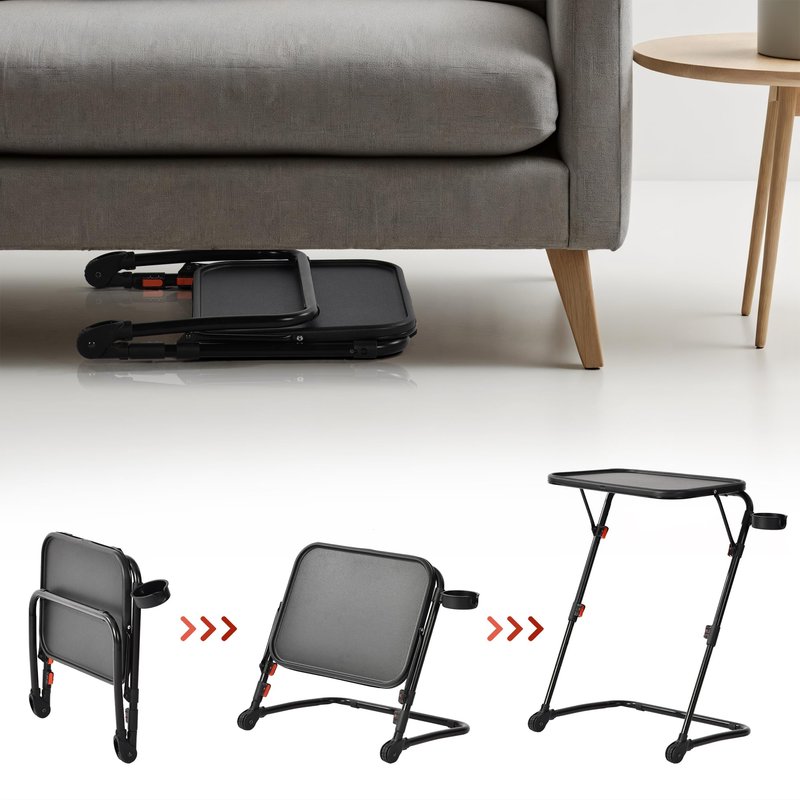 Homy Casa Folding End Table with Cup Holder, Compact Sofa Side Table for Small Spaces, Tucks Under Couch for Storage, Lightweight Snack Table for Living Room & Bedroom, Black (Set of 2)
