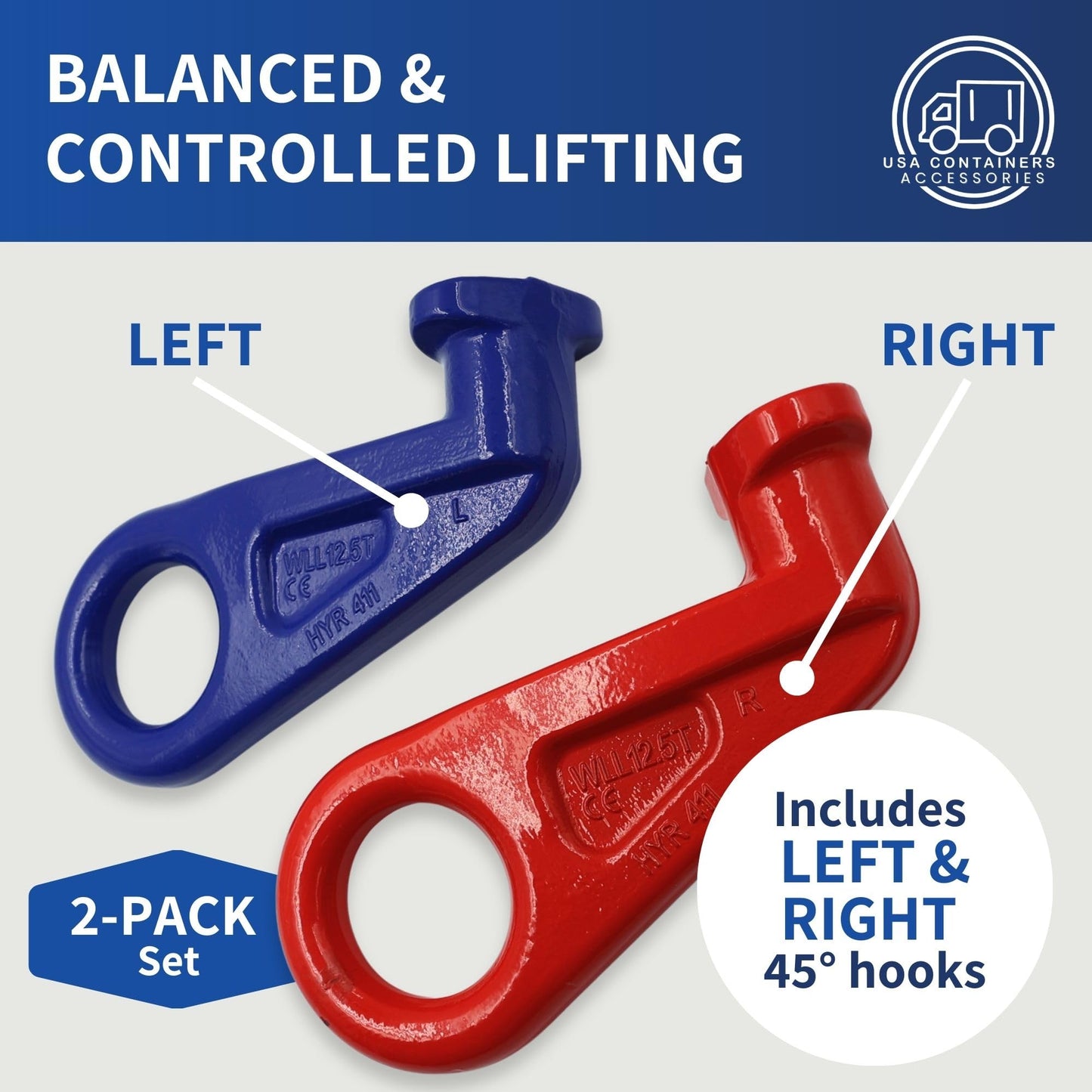 Shipping Container Lifting Hooks – USA Containers - Left & Right 45° Alloy Steel Hooks, 28,000 lb WLL Each (2 Pack)