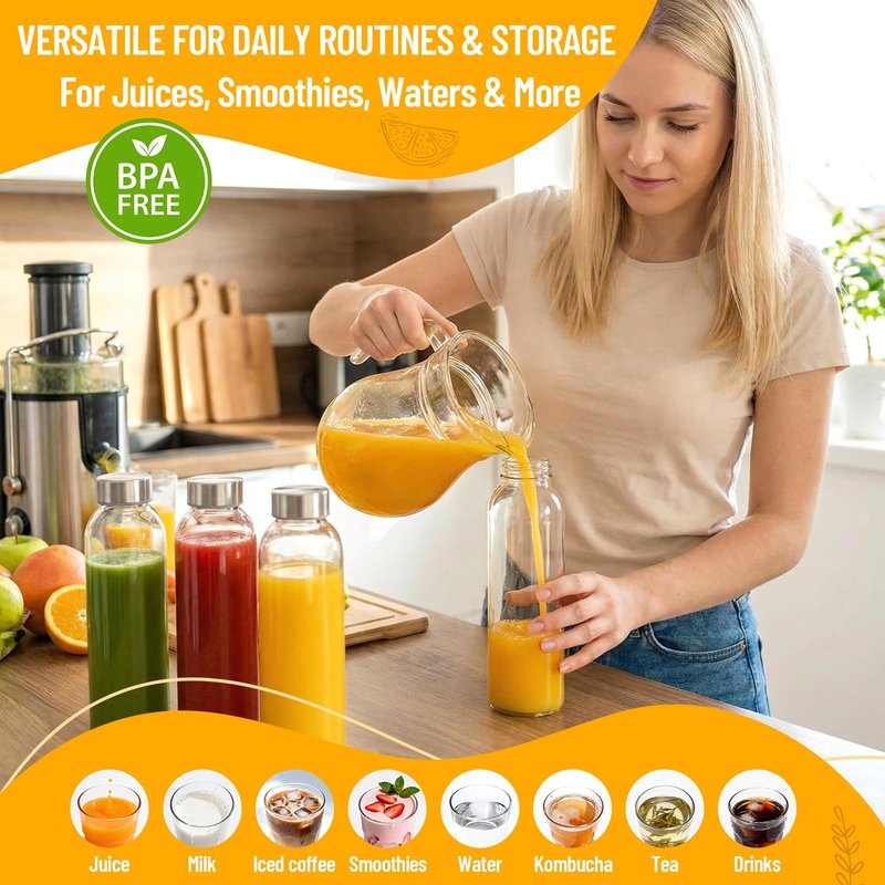 Luxfuel Clear Glass Bottles with Lids 18 oz, Reusable Glass Water Bottles with Stainless Steel Cap for Juicing,Refrigerator,100% Leak Proof, BPA Free, Juice Water Bottle Set of 12