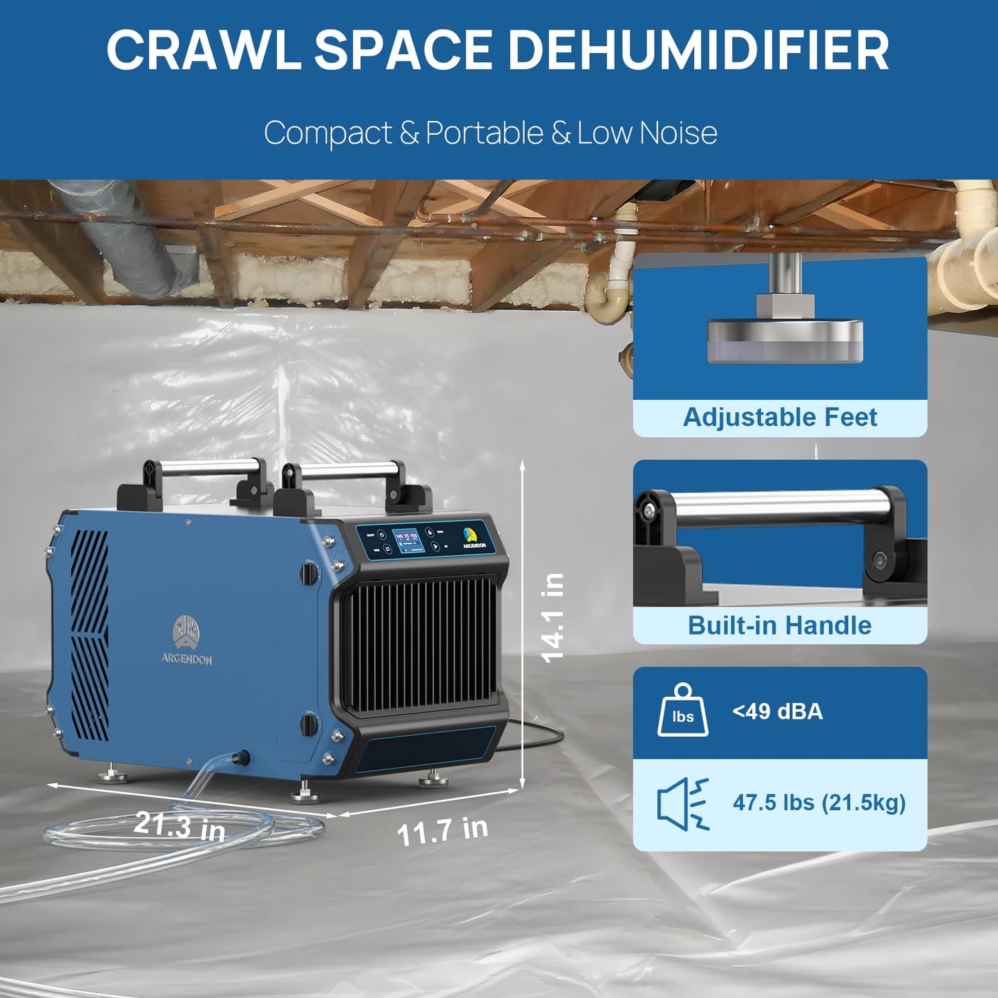 ARGENDON 145 Pint Crawl Spaces Dehumidifier with Pump, Commercial Dehumidifier with Drain Hose for Basement, Auto Defrost, Compact, Large Spaces up to 1800 Sq.Ft, 5 Years Limited Warranty