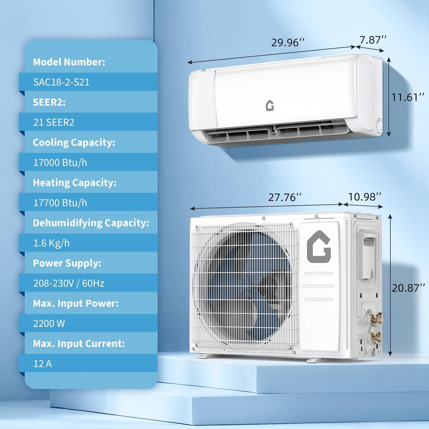 18,000 BTU Mini Split Air Conditioner & Heat Pump, 21 SEER2 Inverter, Ultra-Quiet Ductless AC with WiFi App Control, Cools/Heats Up to 1,250 Sq.ft, Complete Easy Install Kit, 208-230V