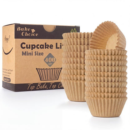 Bake Choice Non-Stick 400pcs Mini Cupcake Liners for Baking, Natural parchment muffin liners for Mini Muffin Pan, Cupcake Pan, Food Grade, Non Stick, Greaseproof