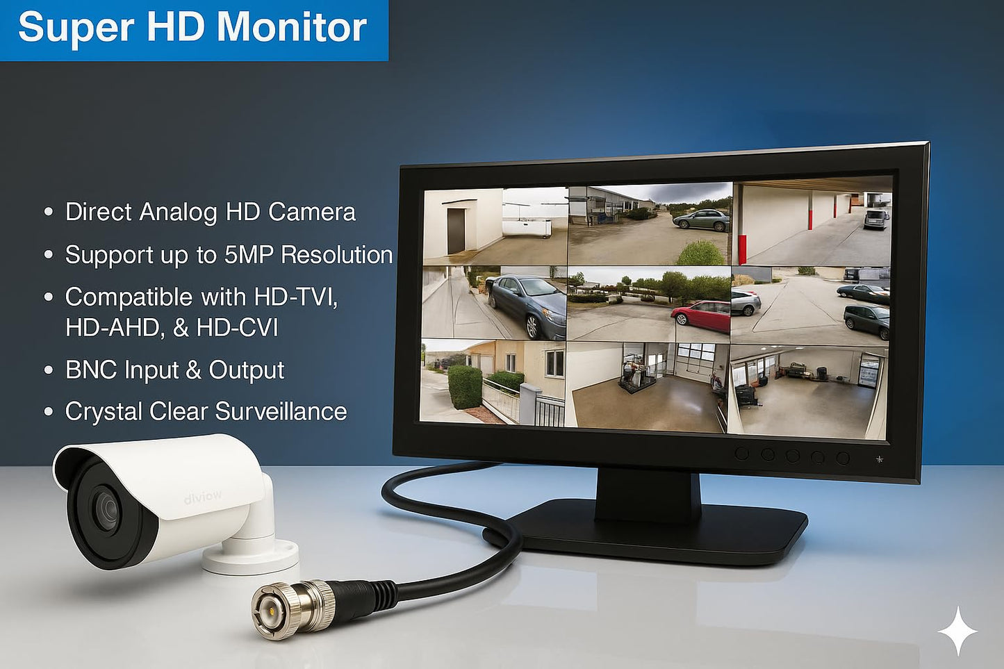101AV Professional Security Monitor 21.5" 5MP Super HD-TVI, AHD, CVI & CVBS 16:9, 1 HDMI & 2 BNC Inputs and Outputs, Working with Super HD 5MP Security Cameras Directly in Addition to DVR/NVR & PC