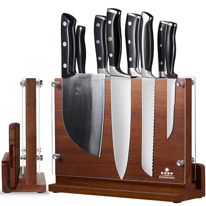 ENOKING Magnetic Knife Block with Acrylic Shield 12 x 9 Inches, Double Side Kitchen Knife Holder without Knives- Acacia Wood Universal Knife Storage Organizer with Powerful Magnet for Kitchen Counter