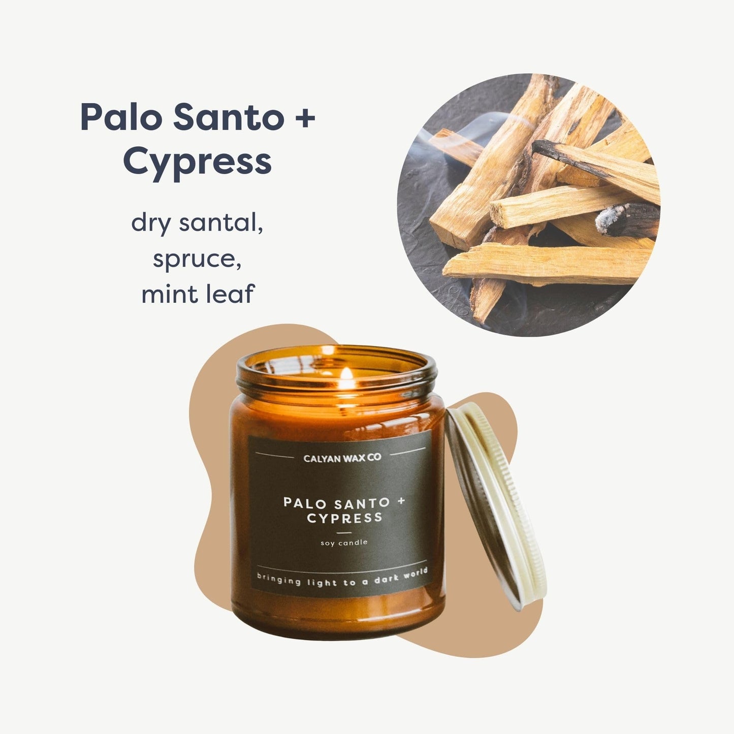 Calyan Wax Co. Palo Santo & Cypress Scented Candle - 57 Hour Burn - Luxury Clean Soy Wax Candles - Long Lasting Amber Glass Jar Candle for Home - 7.2oz