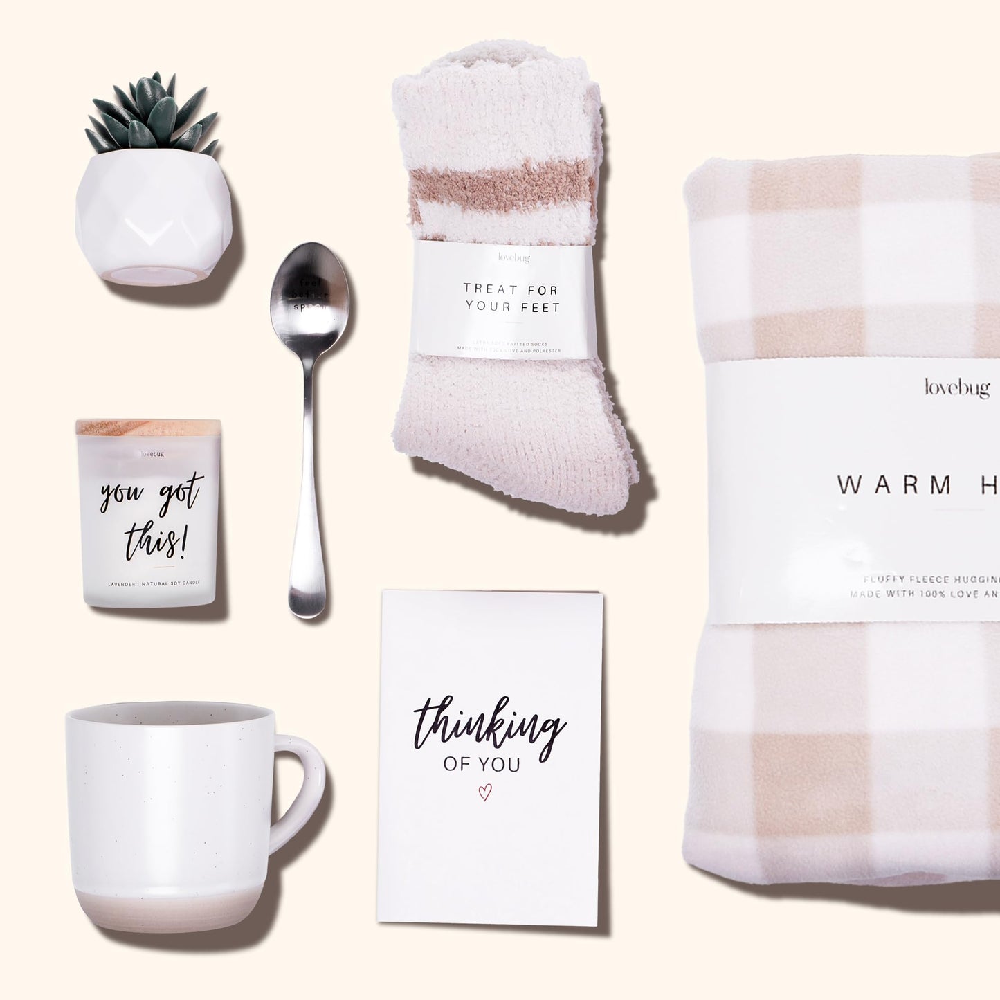 lovebug Get Well Soon Gift Basket for Women – After Surgery Gifts, Feel Better Care Package with Blanket, Candle, Socks, Mug, Spoon, Succulent – Thinking of You Self Care Gifts for Women Basket