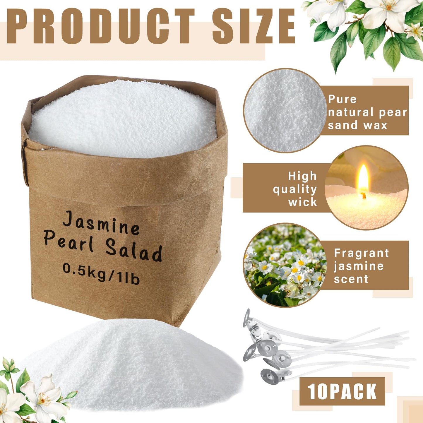 Conelist 1lb Jasmine Scented Pearled Candle Sand Wax Set Customized Powder Making Candles Refill Kit Palm Wax All Natural Non Toxic with 10 Wicks for Graduation Thank You Teacher Gifts DIY Making