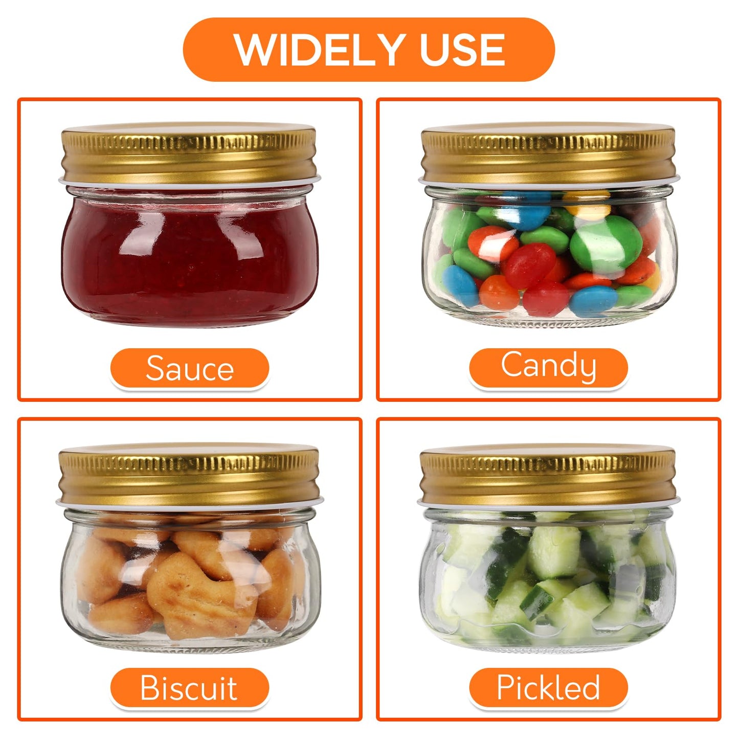 Mcupper 4 oz Mason Jars With Gold Lids, 24 Pack Regular Mouth Canning Jars for Jam, Honey, Yogurt, Spices, Snacks, DIY Projects, Wedding Favors- Includes 30 Stickers