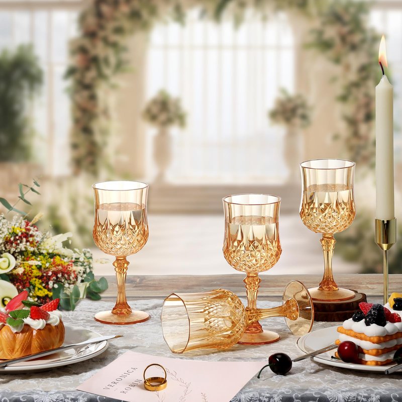 XUWAIDSGN 24 Pcs 7oz Plastic Vintage Wine Glasses Drinking Glasses Unbreakable Wedding Glassware Crystal Water Goblets Reusable Drinkware Vintage Champagne Flutes (24, Amber)