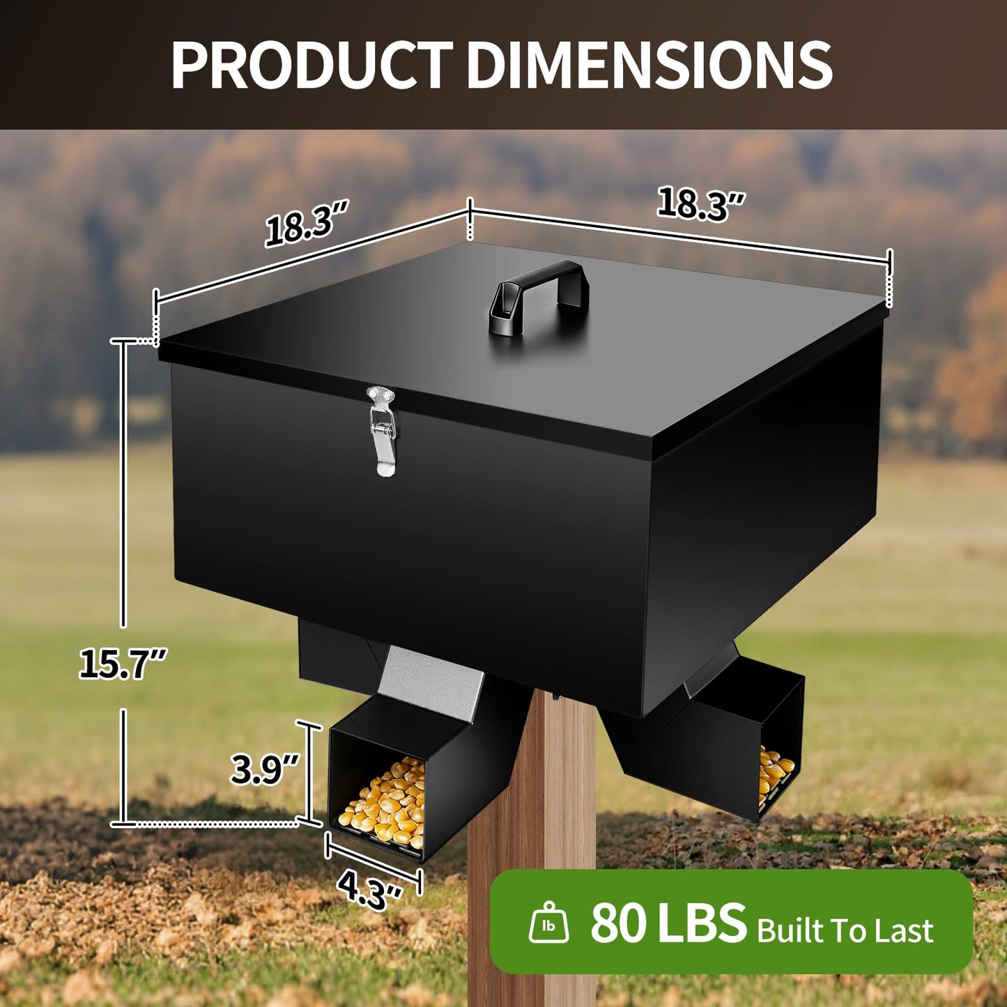 RYFT Portable 80LB Gravity Deer Feeder, Heavy Duty Galvanized Steel Wildlife Feeder with 4 Feeding Ports, Weatherproof Lockable Lid for Hunting, Backyard & Outdoor Game