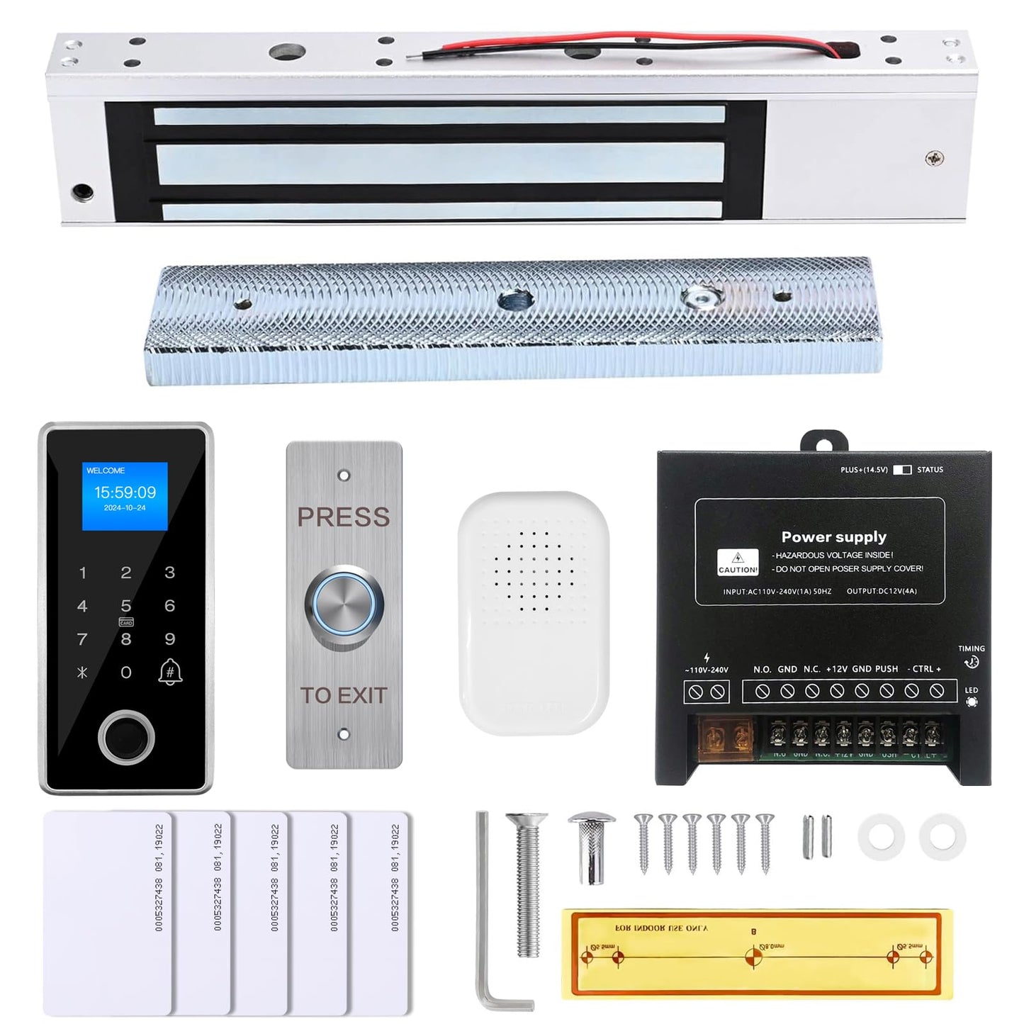 Waterproof Electric Magnetic Fingerprint Door Access Control Kit - 600 lb Holding Force, RFID Keypad/Reader, 5 ID Cards, 110V Power Supply & Metal Exit Button - Secure Lock System (K5EM-600LB KIt)