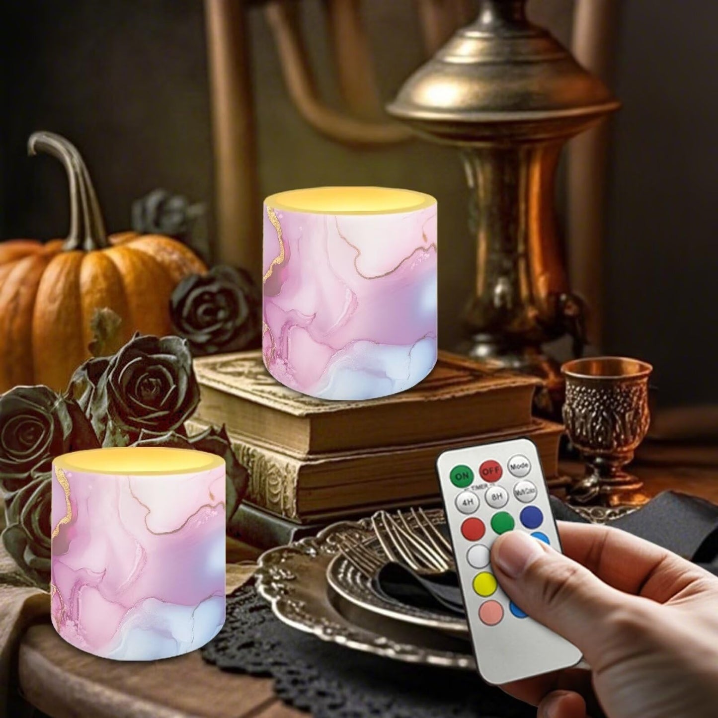 Cozeyat Pastel Marble Flameless Candles 4 Pack Battery Operated LED Pillar Candles with Remote Control Timer Waterproof for Indoor Outdoor Patio