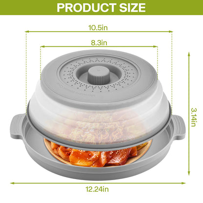 Microwave Splatter Cover for Food with Anti-scald Base Plate,Large Plastic & Silicone Vented Avoid Scalding Collapsible Guard Lid, Plate Holder & Kitchen Colander for Meal Prep-10.7 Inch (gray)