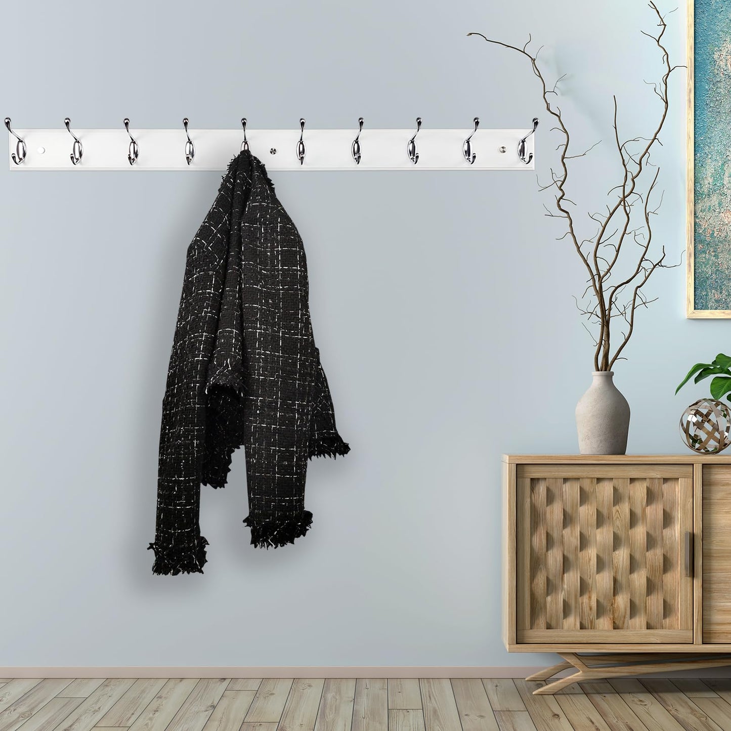lomejii 37 Inch Long Wooden Wall Mounted Coat Rack with 10 Silver Chrome Hooks for Entryway and Bedroom to Hang Coats, Hats - Heavy Duty Hooks School Bag