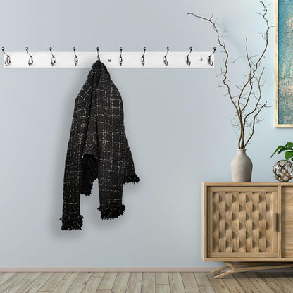 lomejii 37 Inch Long Wooden Wall Mounted Coat Rack with 10 Silver Chrome Hooks for Entryway and Bedroom to Hang Coats, Hats - Heavy Duty Hooks School Bag