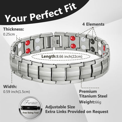 Feraco Mens Magnetic Therapy Bracelets Titanium Steel Bracelet with Double Row 4 Elements Magnets (Silver)